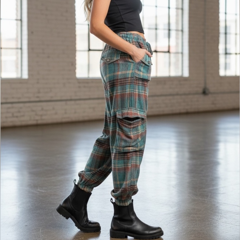 Plush Plaid Cargo Jogger Pants - Teal Plaid - Picture 5 of 6